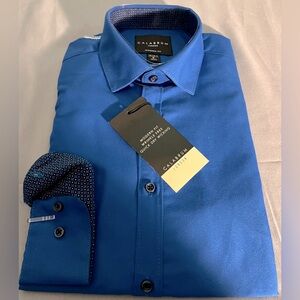 NWT CALABRUM LONDON Men's Blue Modern Fit Dress Shirt. SIZE: Small  (14-14 1/2)